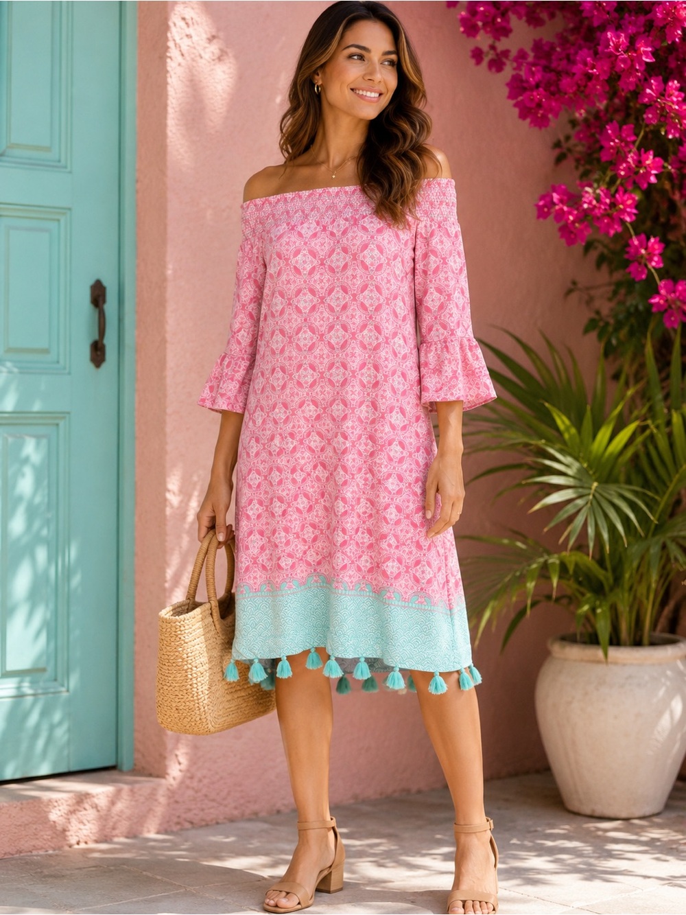 Cabana Life coral and mint trim Off-Shoulder Tassel Dress Size Medium